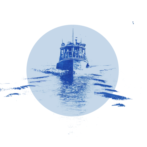 A lighthouse on a rocky coastline with waves crashing around it, depicted in blue.