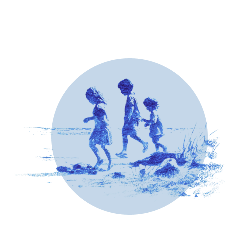 Children playing on the beach, walking and sitting in the sand.