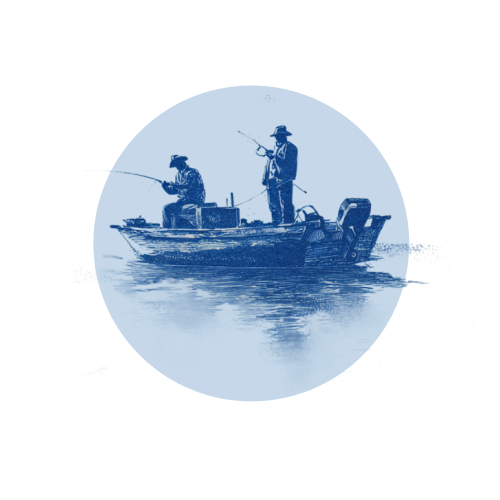 Two people fishing from a boat on the water.