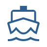 Icon of a ship's front view with a wave underneath