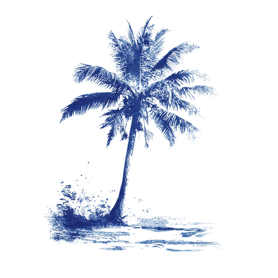 A blue illustration of a palm tree on a small patch of land with some water.