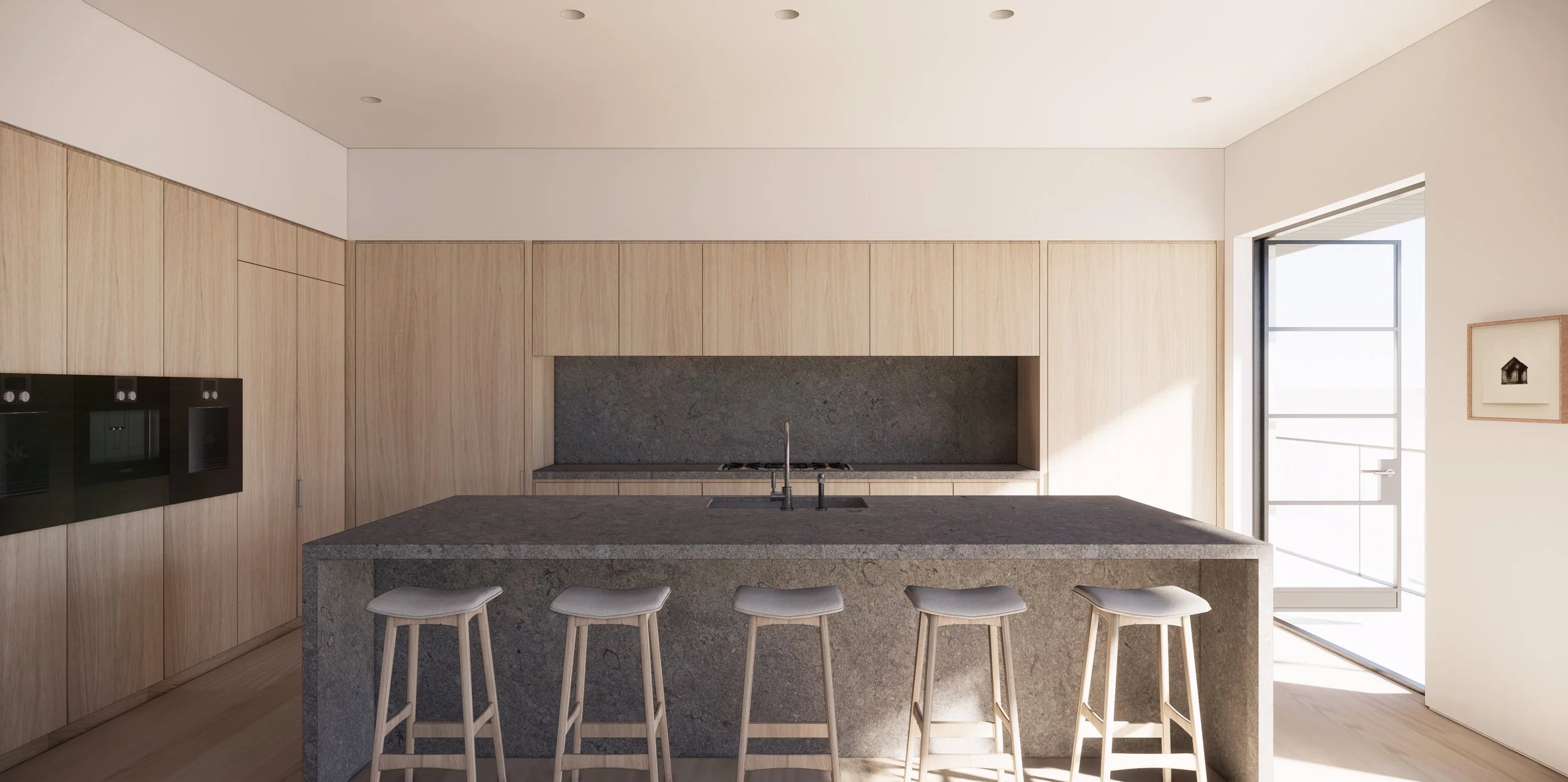 Modern kitchen with a large gray stone island, light wood cabinetry, and a door with glass panels leading outside.