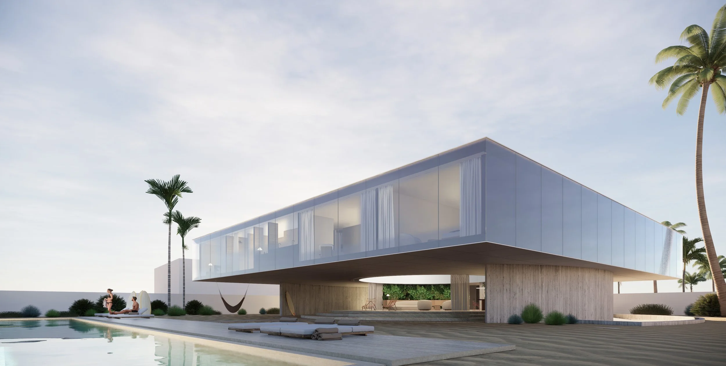 Modern luxury house with glass exterior, situated near a pool, with palm trees and outdoor furniture on a sunny day.