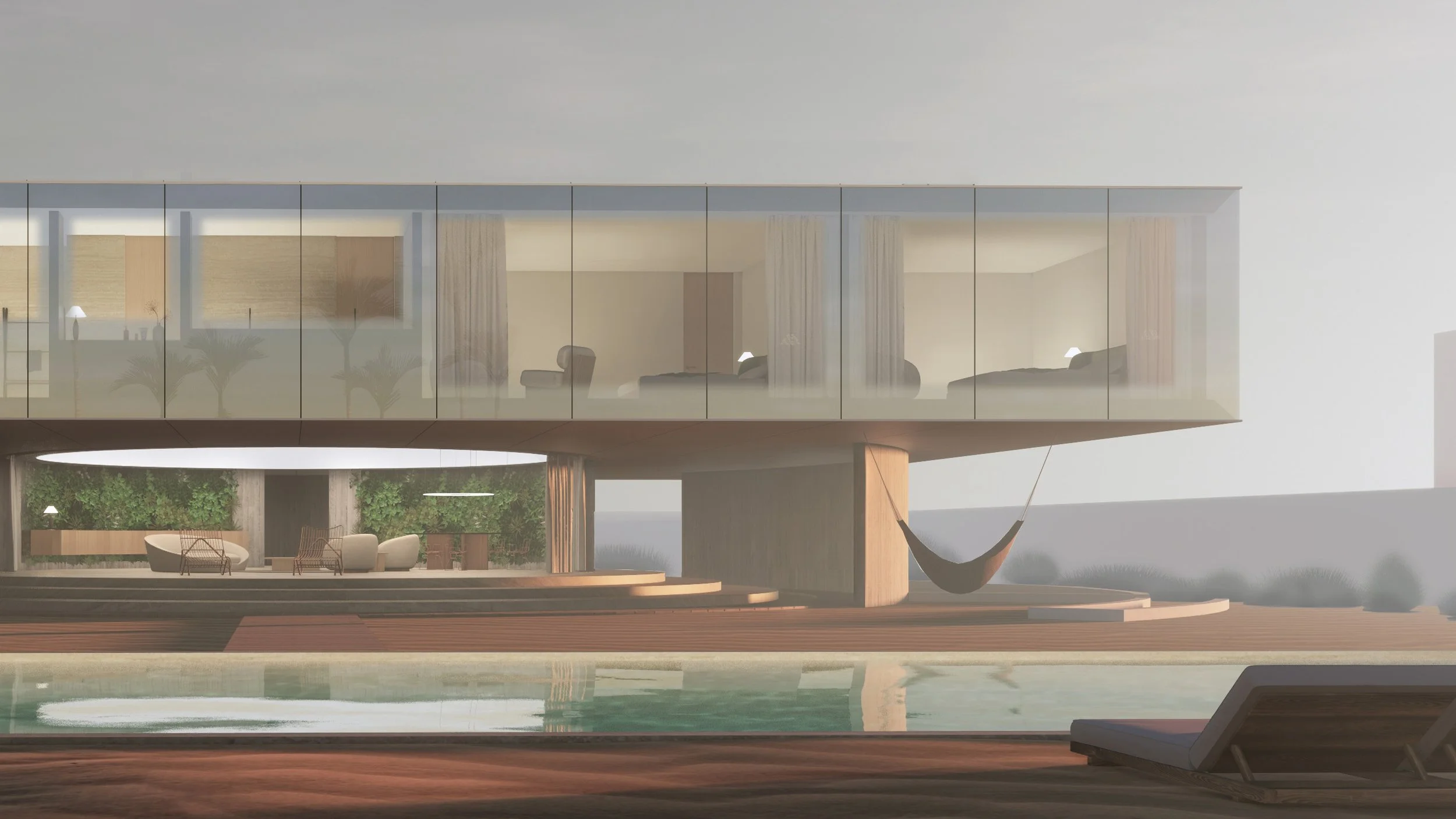 Modern house with glass upper floor, outdoor seating, hammock, and swimming pool.