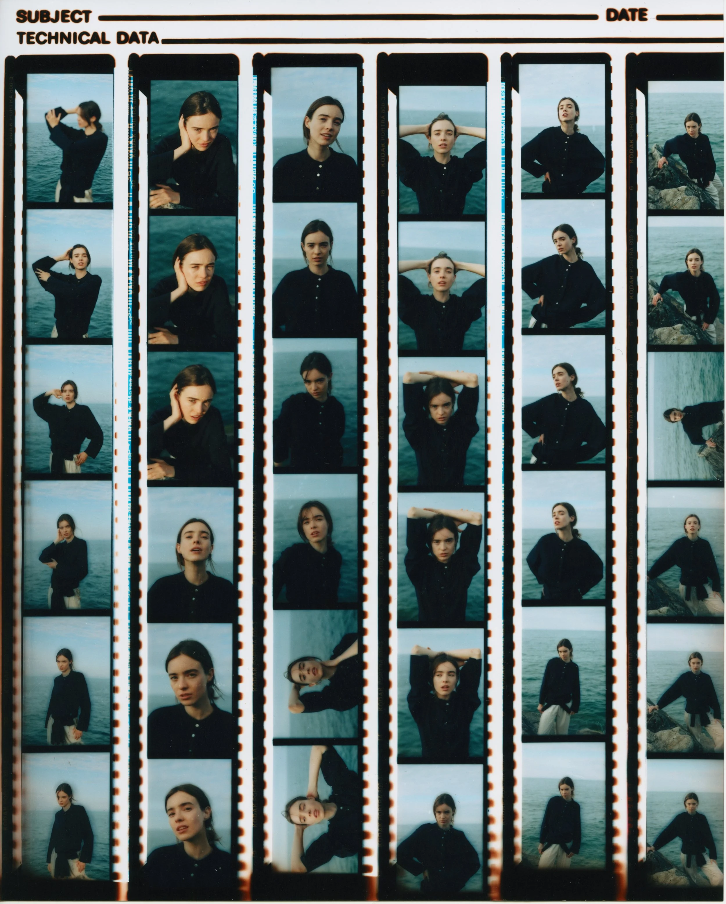 Multiple contact sheet photograms of a young woman with dark hair at the seashore, posing in various positions and expressions, wearing a black top.