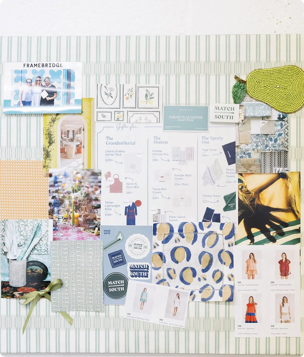 A collection of various design and lifestyle images, fabric samples, gift ideas, and printed materials arranged on a striped surface.