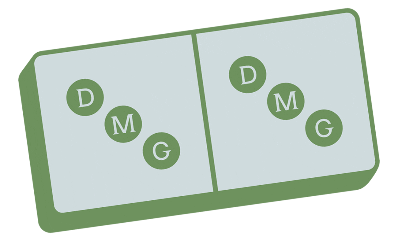 An illustration of a dominoes game with two domino tiles, each showing three circular spots marked D, M, G, and D, M, G respectively.