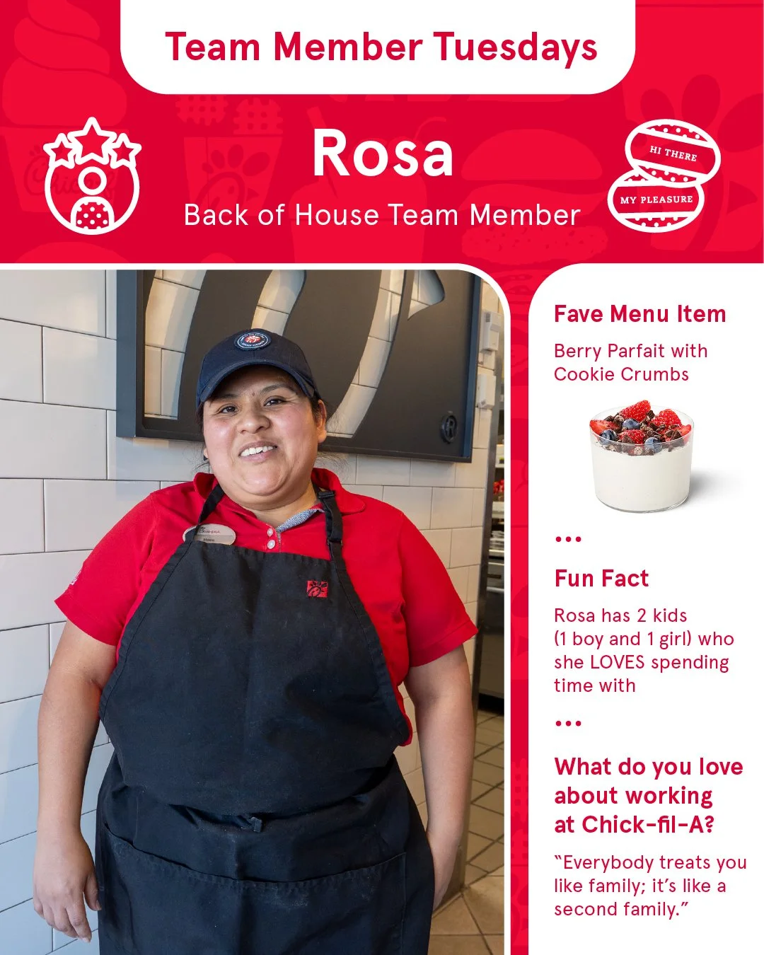 It&rsquo;s Team Member Tuesday 🌟
Meet Rosa! 👋

She&rsquo;s part of our Back of House crew and the first face in our new weekly spotlight. As one of our most experienced team members, she is the backbone of the team that everyone knows they can rely