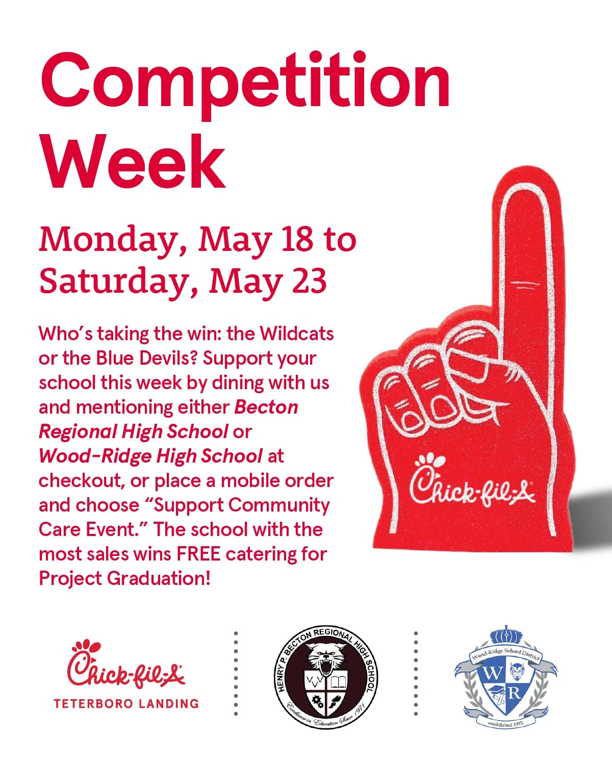It&rsquo;s Competition Week 🏆
From May 18&ndash;23, the Wildcats and Blue Devils are going head-to-head! Support either Becton Regional High School or Wood-Ridge High School by dining with us and mentioning your school at checkout, or place a mobile