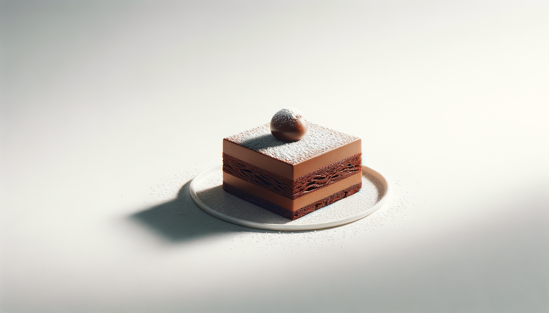 Square layered chocolate dessert with a spherical chocolate top, dusted with powdered sugar, on a white plate against a light background.