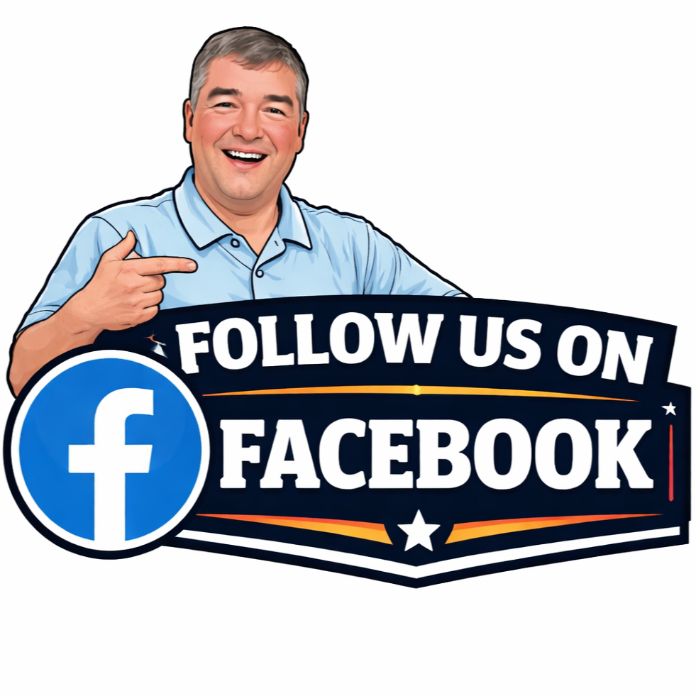 A smiling man in a blue shirt points at a sign that says "Follow us on Facebook" with the Facebook logo.
