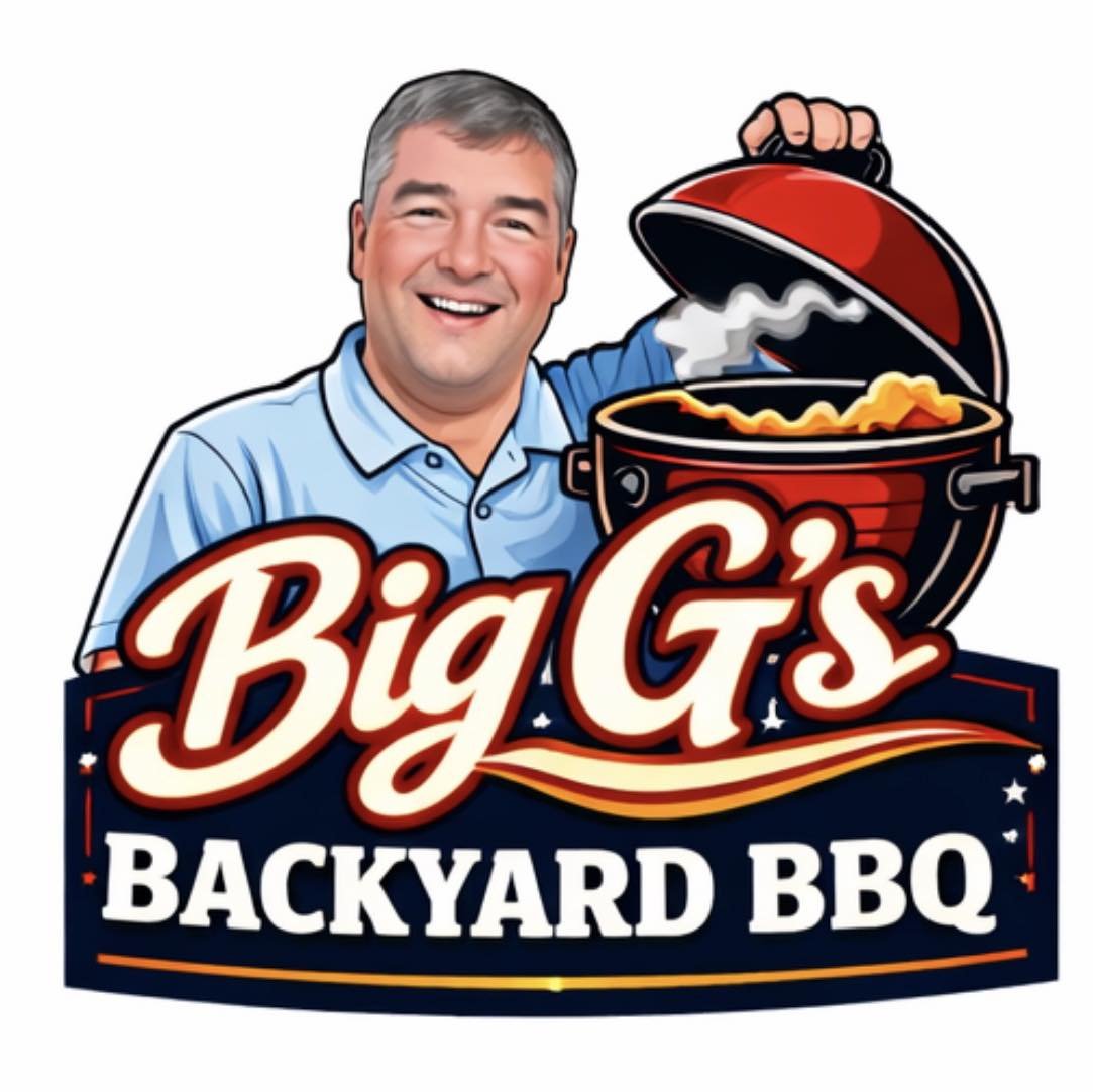 A smiling man holding a lid of a red barbecue grill with smoke rising from it, with a logo reading "Big G's Backyard BBQ" in front of him.