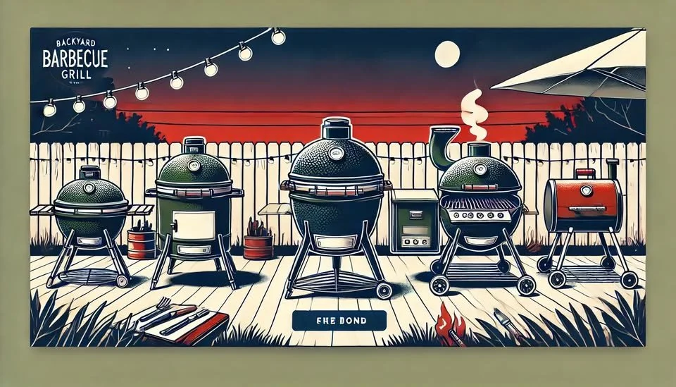 Illustration of five different backyard barbecue grills on a wooden deck, with a wooden fence, sunset sky, string lights, an umbrella, and adjacent trees in the background.