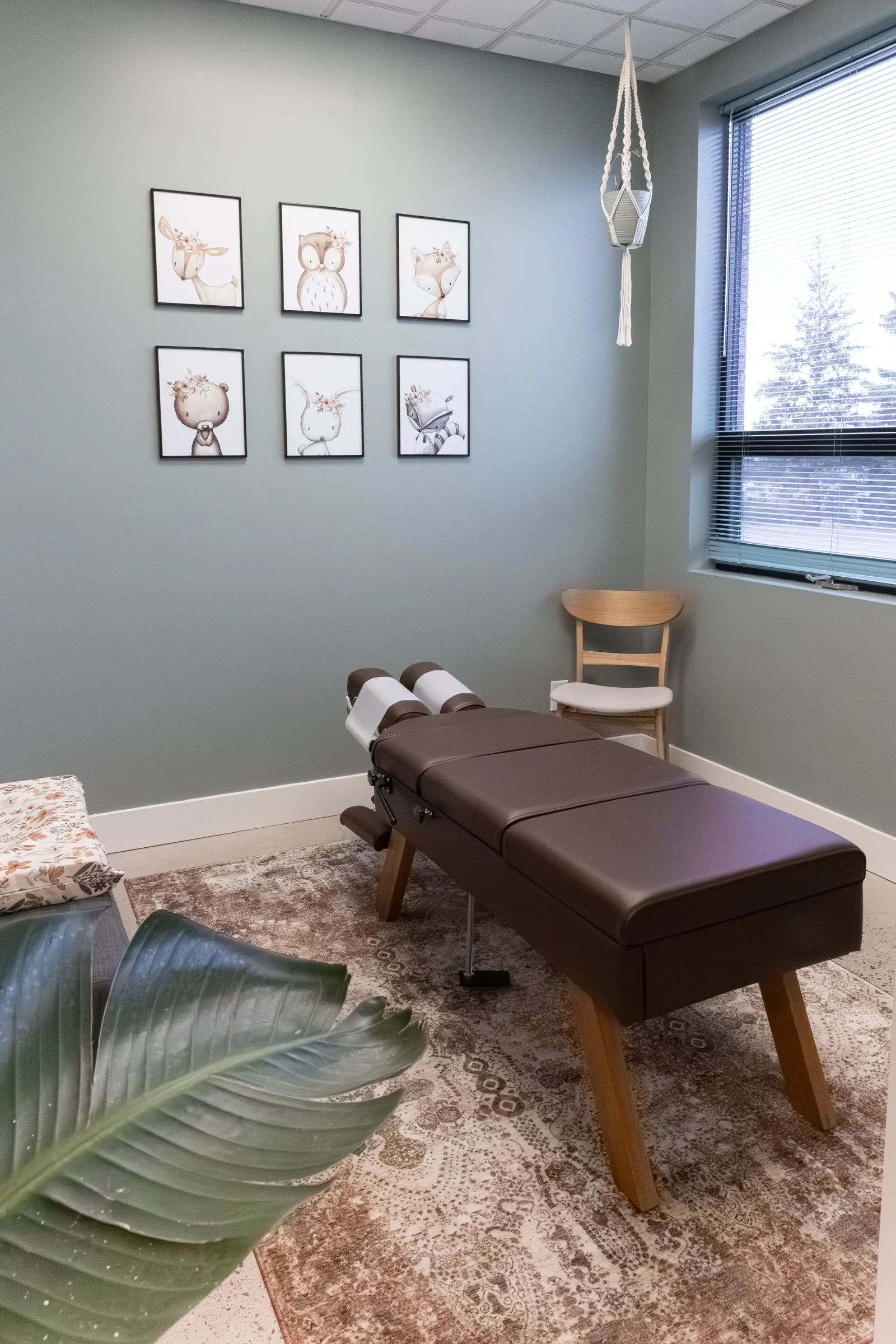 Therapy room with six framed animal illustrations on the light green wall, a window with blinds, a wooden chair, a treatment table, a patterned rug, and a macrame hanging plant holder.