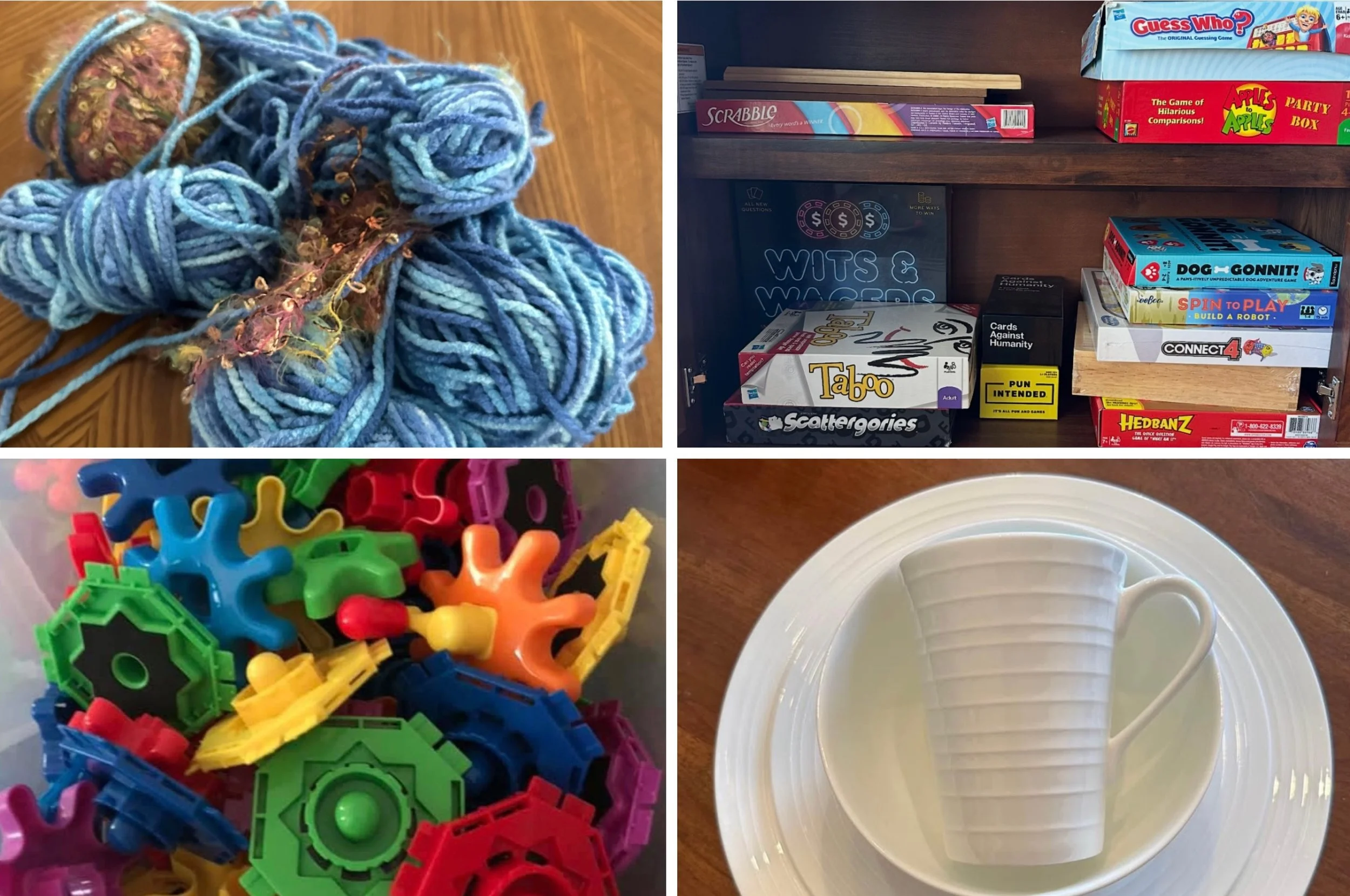 A collage of four images: top left shows blue yarn and some multicolored fabric scraps; top right shows shelves with various board games; bottom left shows a container filled with colorful plastic gears and game tokens; bottom right shows a white striped coffee mug on a matching saucer.