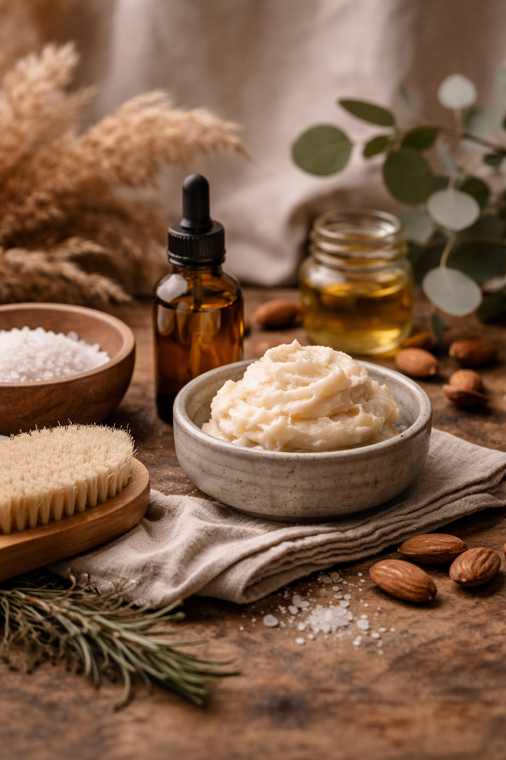 A bowl of homemade natural skincare products with oil, salt, and shea butter on a rustic wooden surface, surrounded by almonds, eucalyptus leaves, and a natural bristle brush.