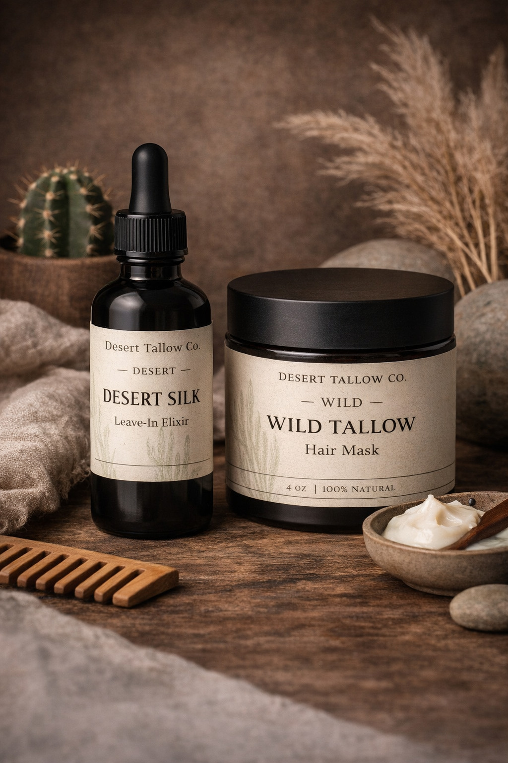 Natural skincare products including desert silk leave-in elixir and wild tallow hair mask on a wooden surface with rocks, a cactus, dried grasses, and a small bowl of cream in the background.