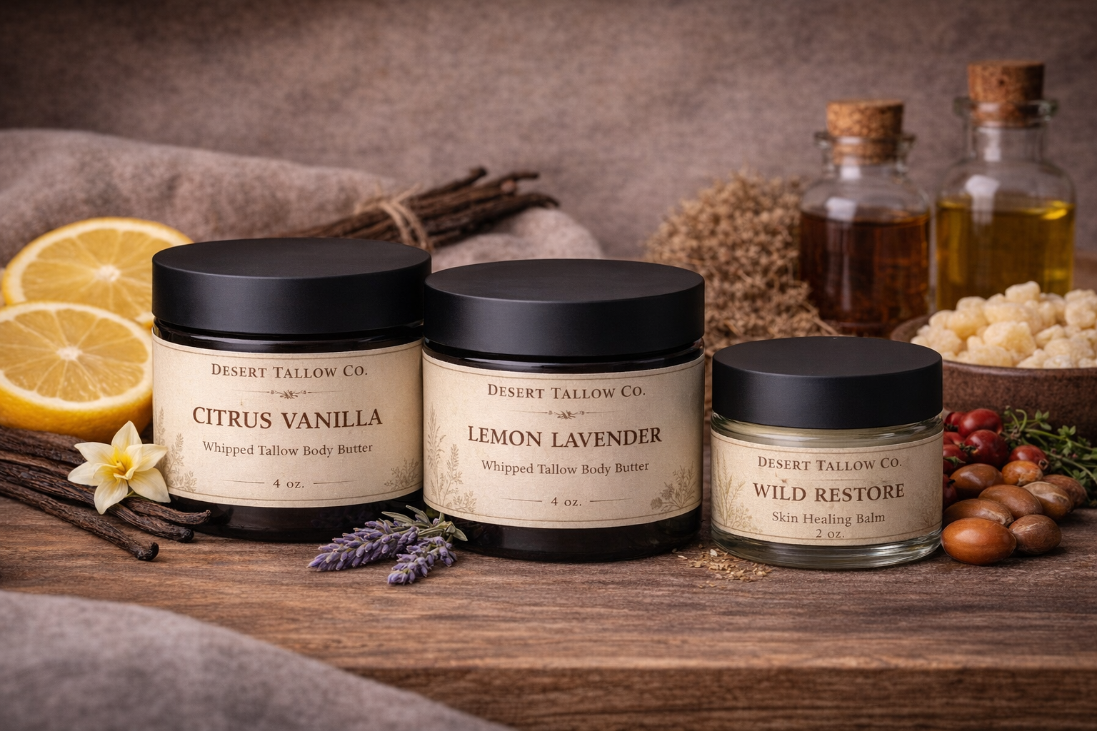 Three jars of body butters and balm with lemons, vanilla beans, lavender, and other natural ingredients on a wooden surface.