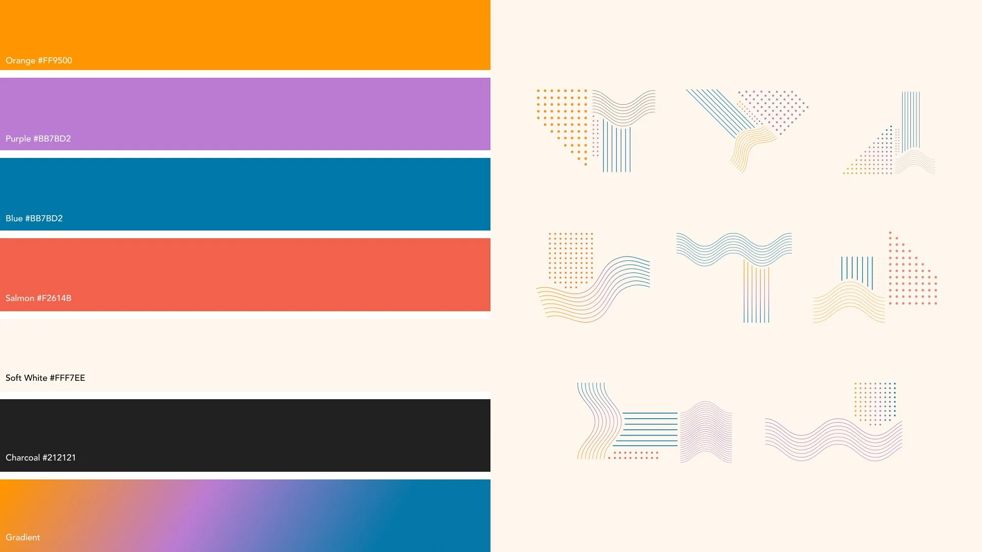 Color palette with swatches labeled with their hex codes: orange (#FF9500), purple (#BB7BD2), blue (#BB7BD2), salmon (#F2614B), soft white (#FFF7EE), charcoal (#212121); right side features abstract decorative lines and dots in pastel colors on a cream background.