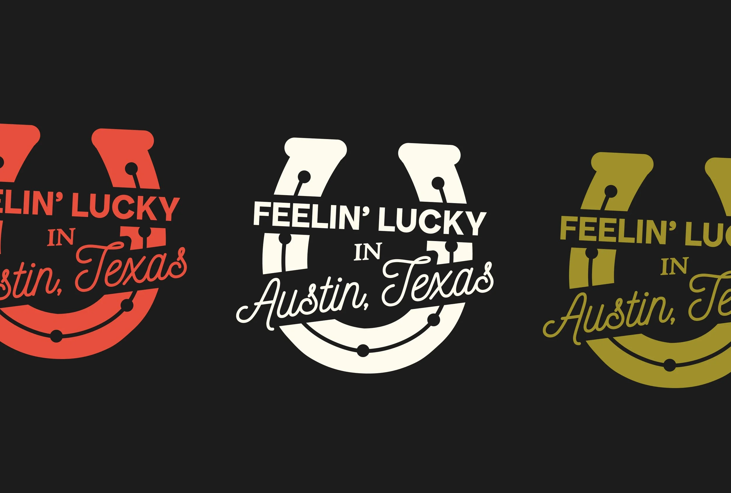 Design featuring the phrase 'Feelin' Lucky in Austin, Texas' in red, white, and yellow colors with stylized guitars on a black background.