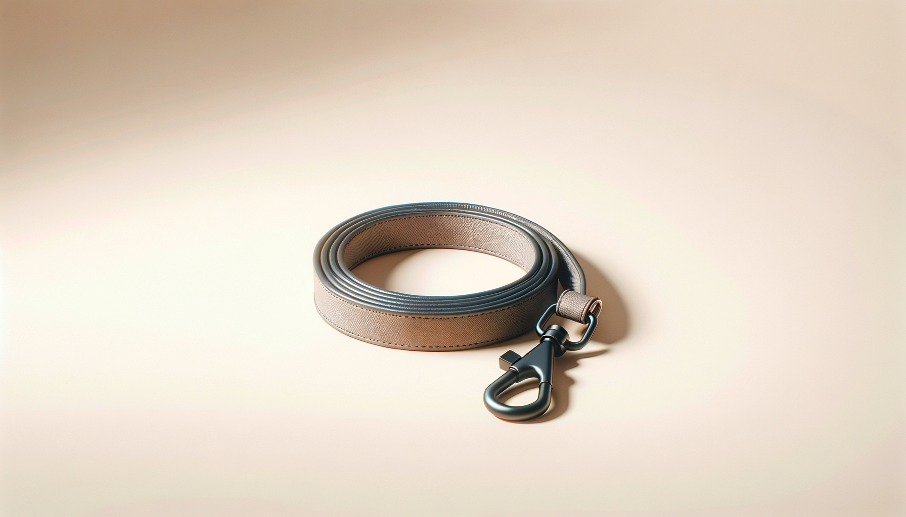A rolled-up gray dog leash with a metal clip on a light-colored surface.