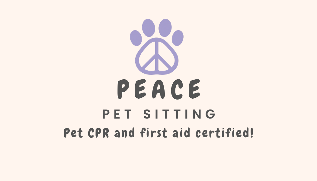 Logo for Peace Pet Sitting, featuring a purple paw print with a peace sign inside, with text indicating pet sitting, pet CPR, and first aid certification.