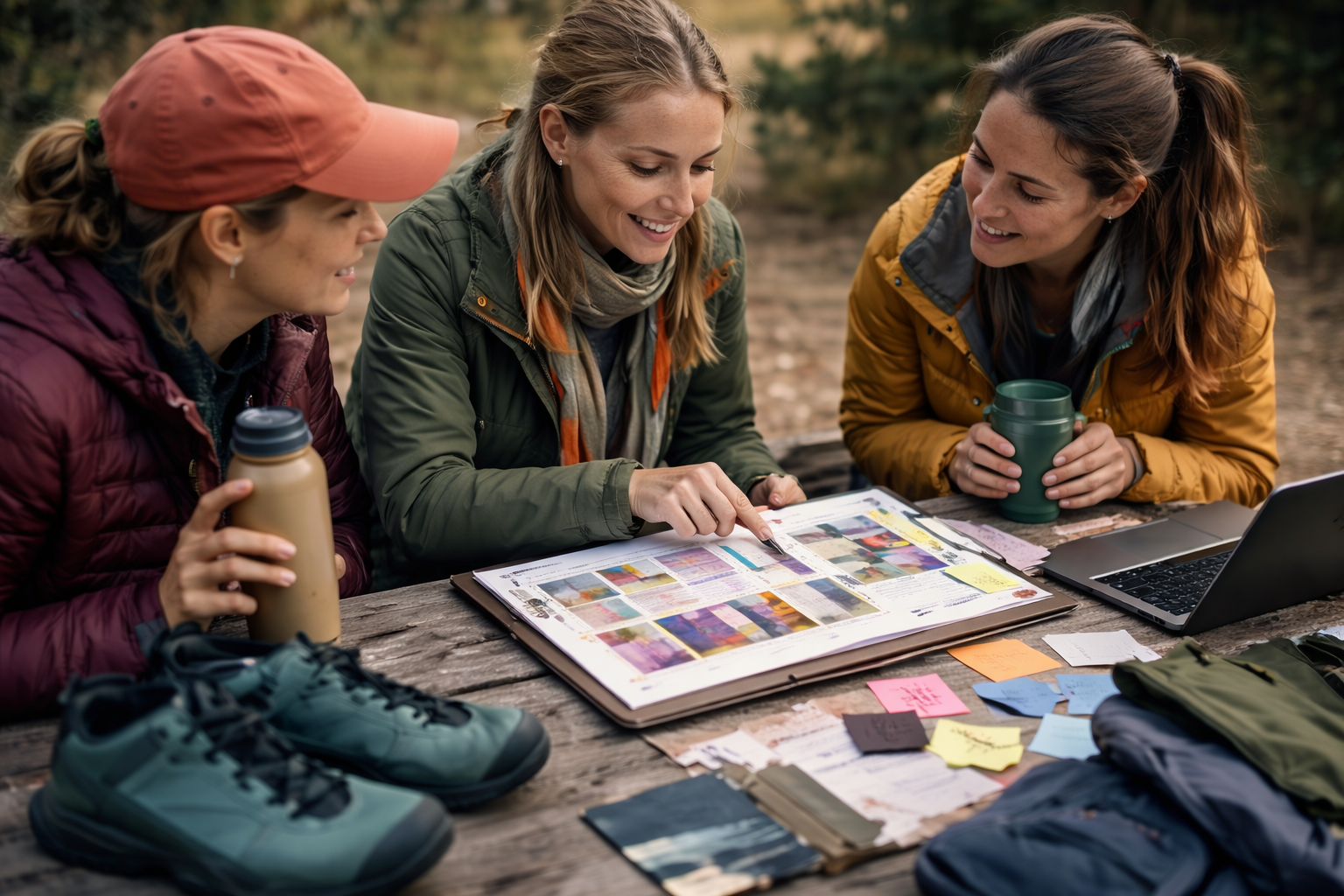 Three women sitting around a wooden table outdoors, looking at a colorful scrapbook or magazine, with hiking shoes, notebooks, and coffee mugs nearby, enjoying a conversation.