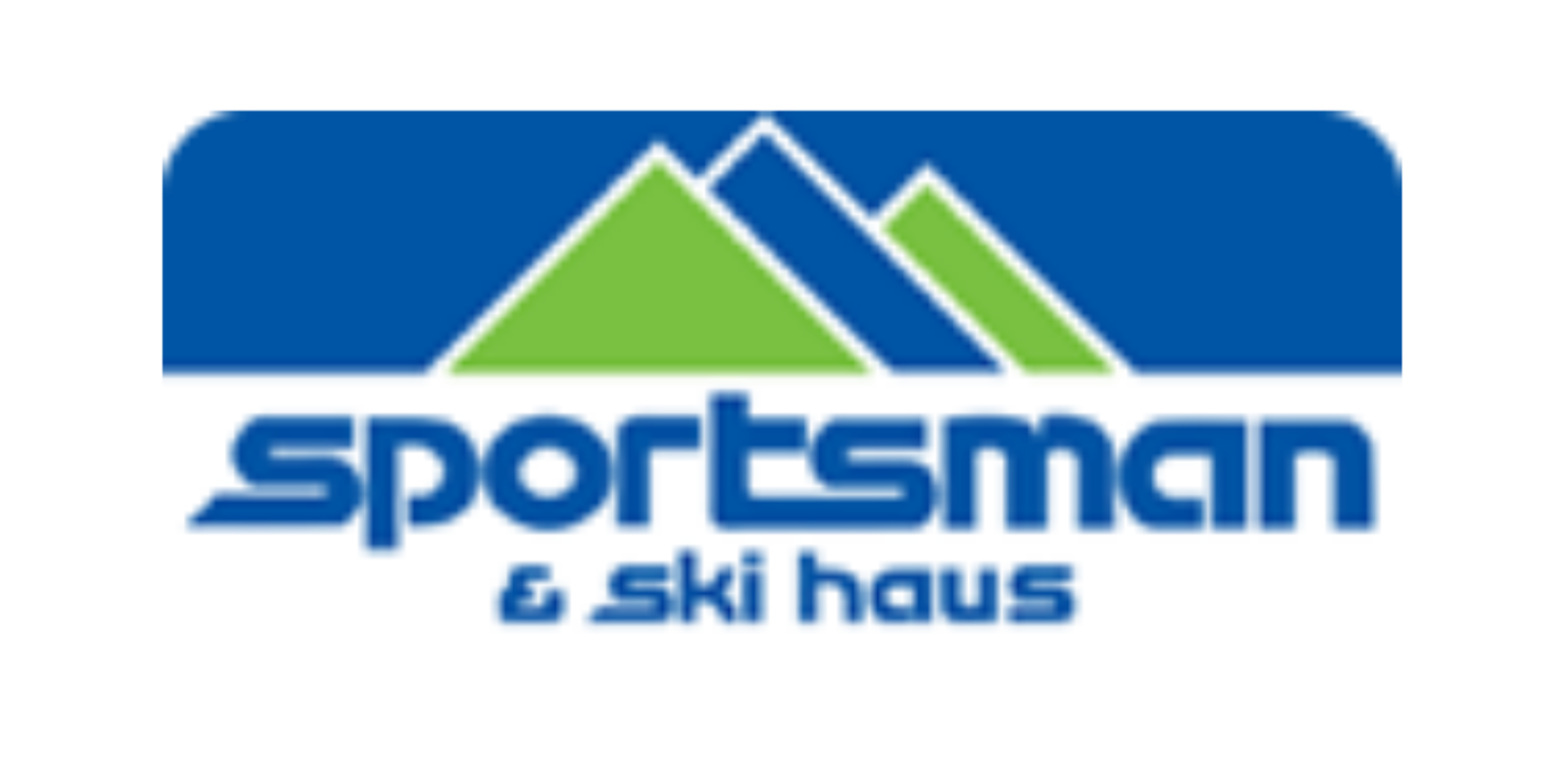 Logo of Sportsman & Ski Haus featuring stylized green and white mountains with blue background and text in blue.