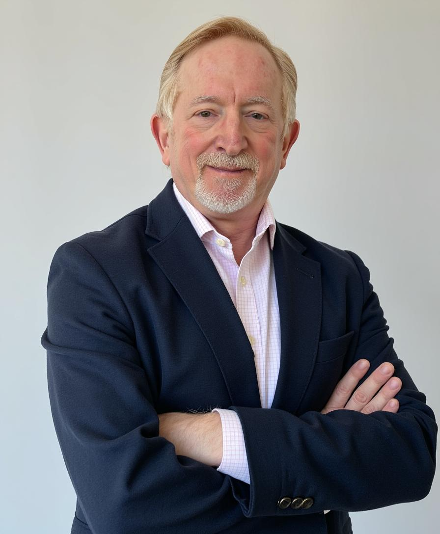 A middle-aged man with light skin, blonde hair, and a beard, wearing a dark suit jacket and a light-colored checkered shirt, standing with arms crossed against a plain light background, smiling slightly. This is Todd Essig.