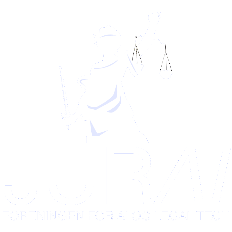 Silhouette of Lady Justice holding scales and a sword, with text 'JURAI' and Danish phrase 'Foreningen for AI og Legal Tech'.