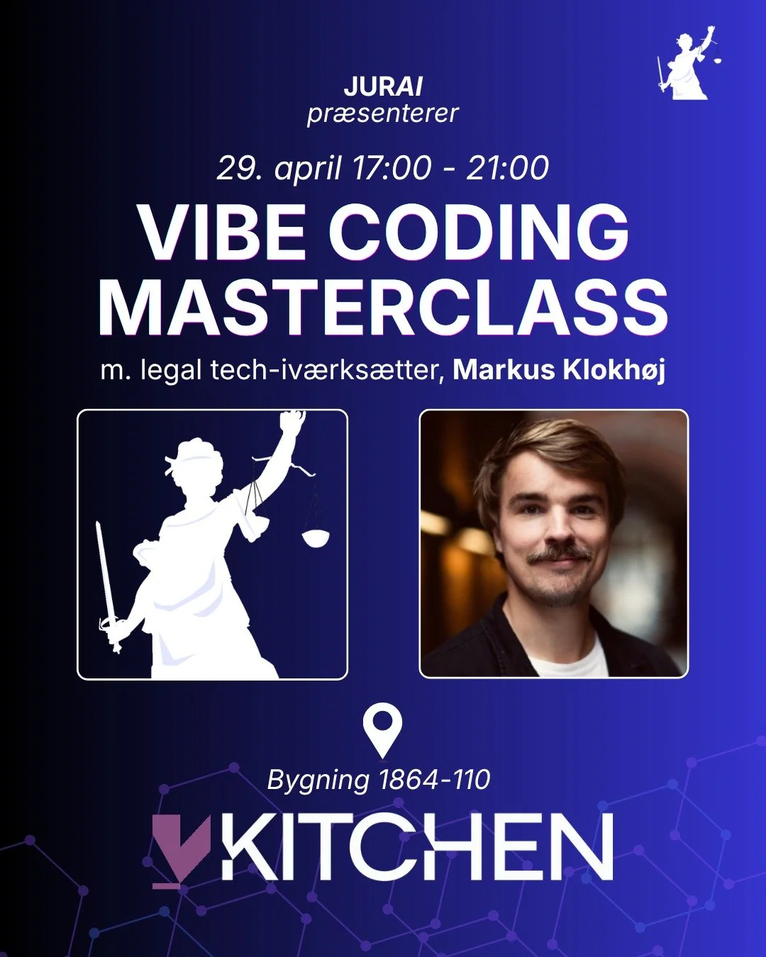 🚀VIBE CODING MASTERCLASS🚀

JURAI l&oslash;fter sammen med Markus Klokh&oslash;j sl&oslash;ret for semesterets sidste arrangement - og det er kun for medlemmer af JURAI 👇

Den 29. april inviterer vi til en Vibe Coding Masterclass med Markus Klokh&o