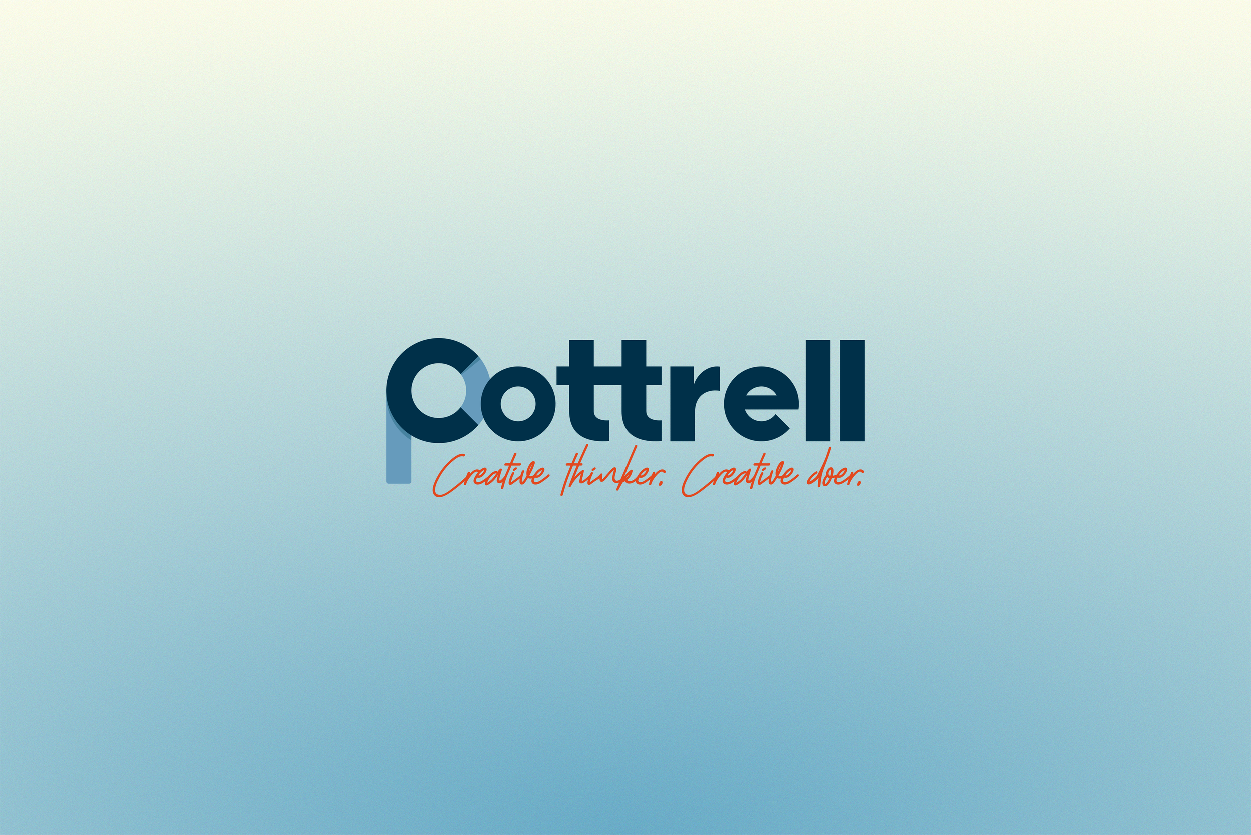 The image displays the pcottrell logo in large dark blue letters, and a tagline underneath in red cursive that reads 'Creative thinker. Creative doer.' on a light blue gradient background.