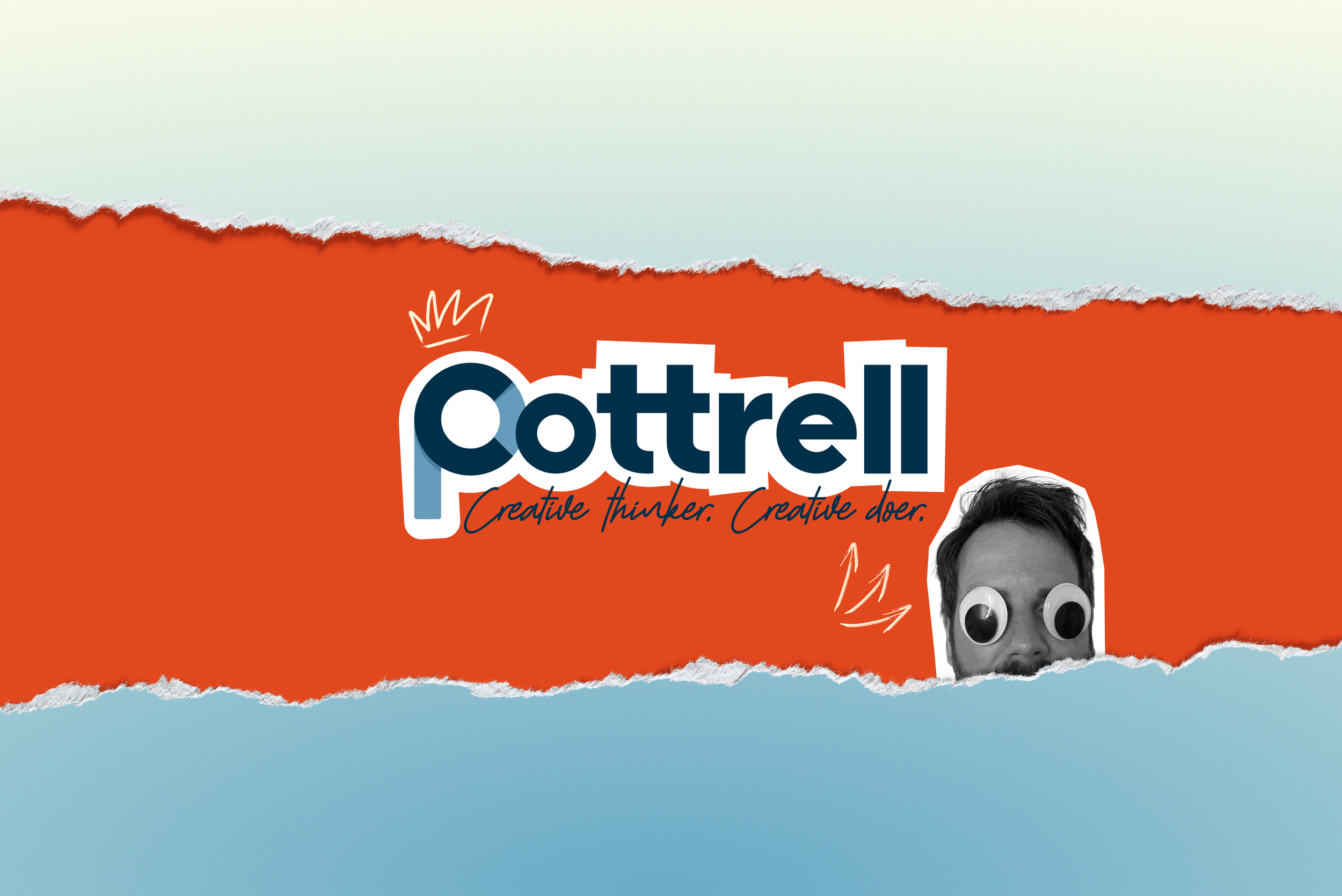 A graphic design featuring a torn paper effect with a red and light blue background. The center displays the name 'Pottrell' with a crown illustration above the letter 'P'. Below it, there is a tagline in cursive that reads 'Creative thinker. Creativ