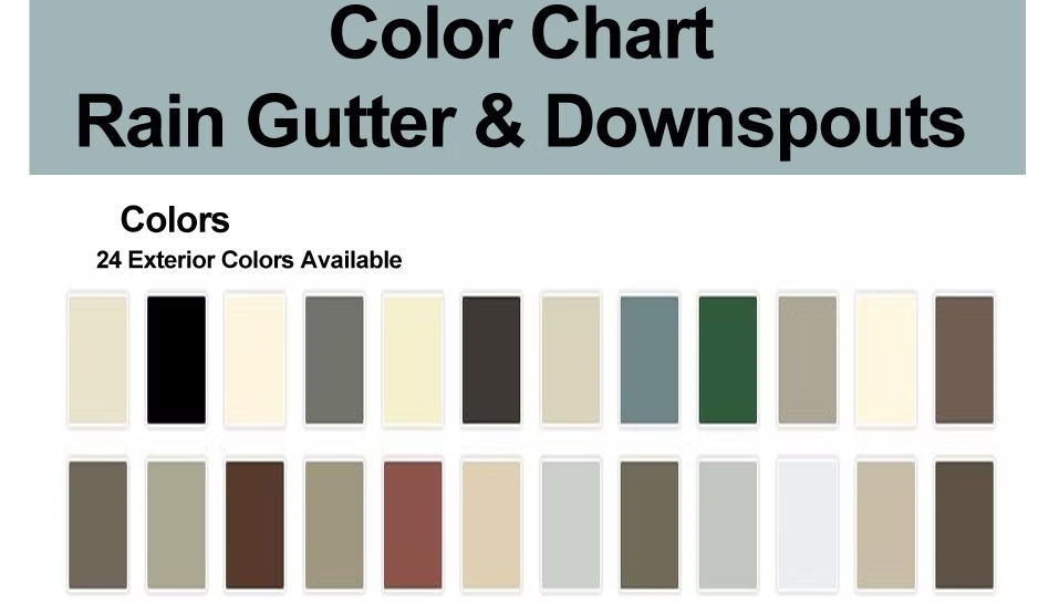 A color chart titled 'Rain Gutter & Downspouts' showing 24 exterior paint colors arranged in four rows, including beige, black, gray, yellow, brown, green, and white shades.