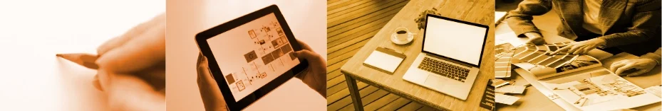 A collage of four images: a person writing on paper, a person using a tablet, a laptop and smartphone on a wooden table, and someone reviewing printed documents.