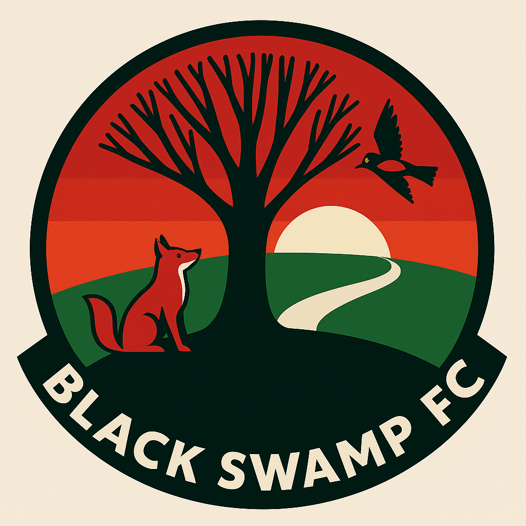 Logo for Black Swamp FC featuring a black tree, a fox sitting on grass, a flying bird, a sunset in the background, and the text "Black Swamp FC" at the bottom.