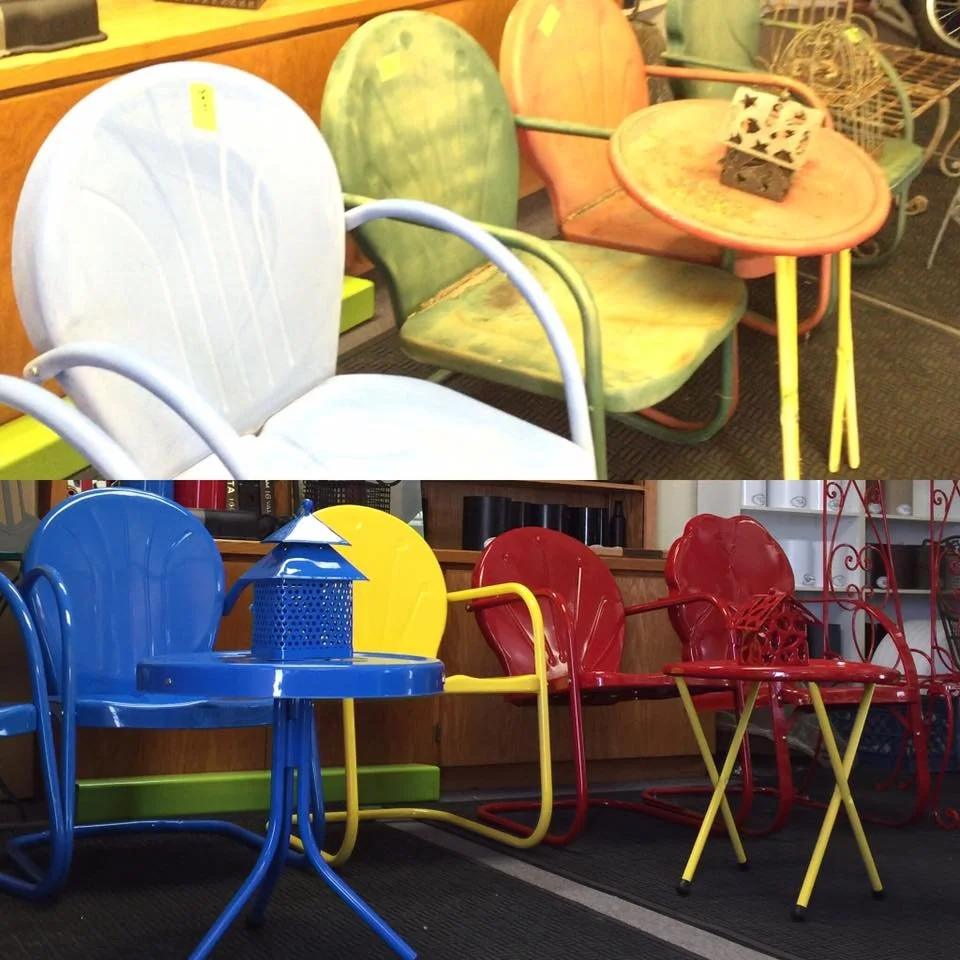 Colorful vintage outdoor chairs and tables displayed in a store.