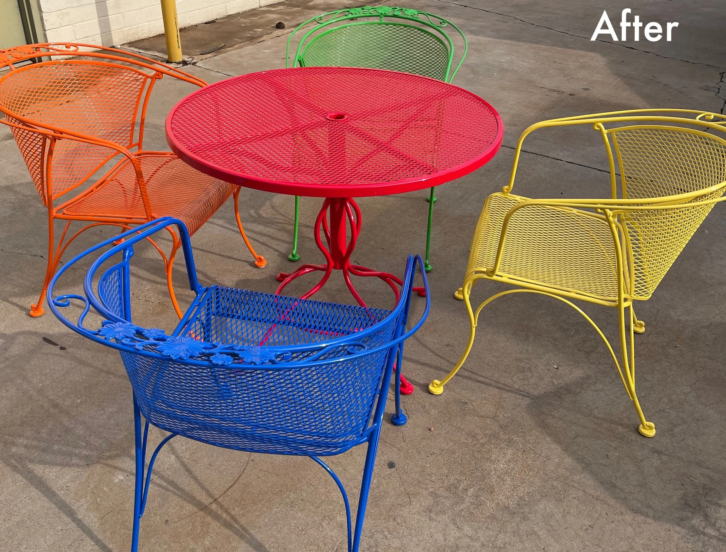 Colorful outdoor metal table and chairs set, with a red round table and yellow, blue, green, and orange chairs, placed on concrete pavement. The image is marked 'After'.