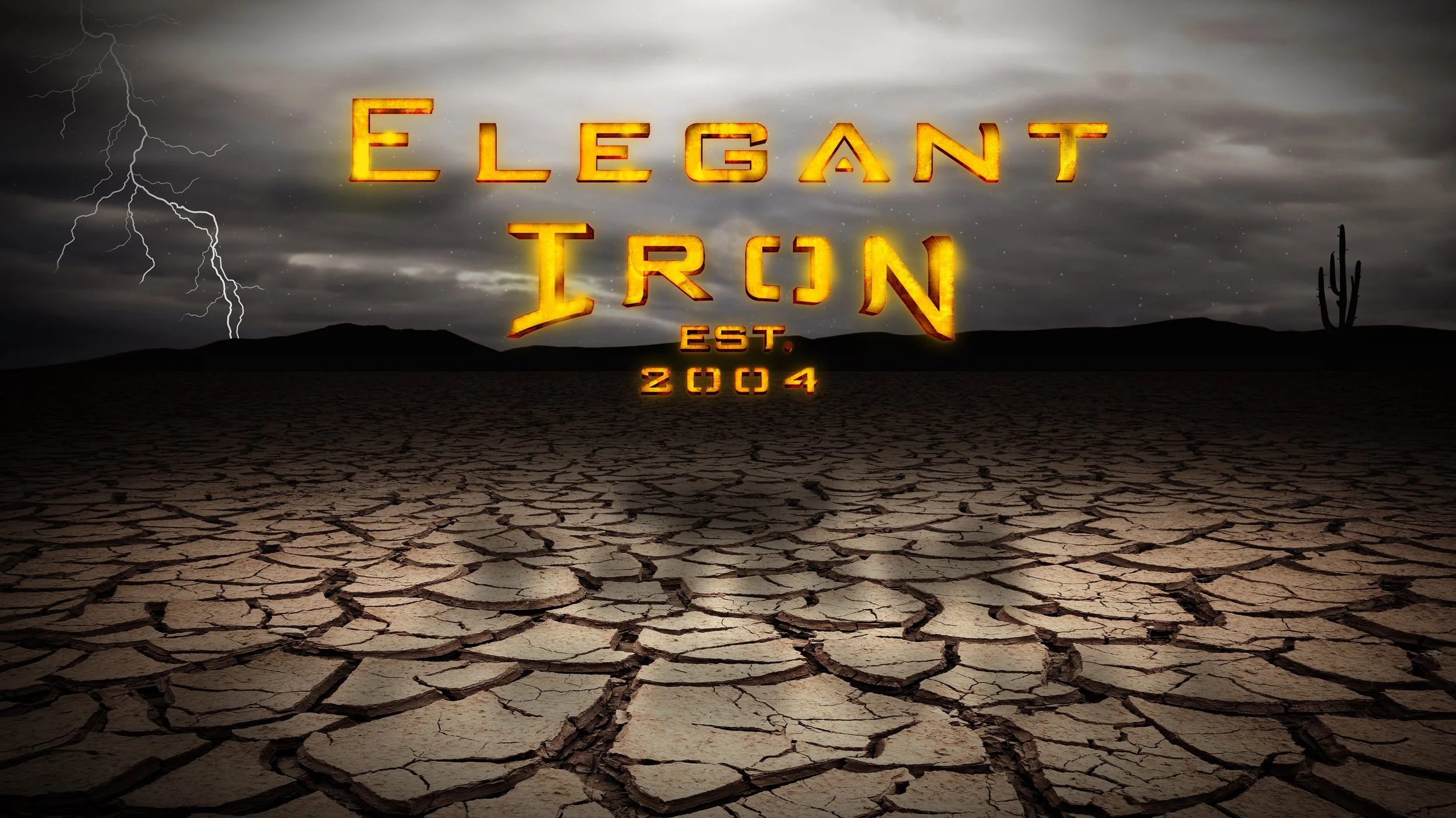Desert landscape with cracked dry earth, stormy sky, lightning, mountains in the distance, and the words "Elegant Iron" in glowing orange text with "Est. 2004" beneath.