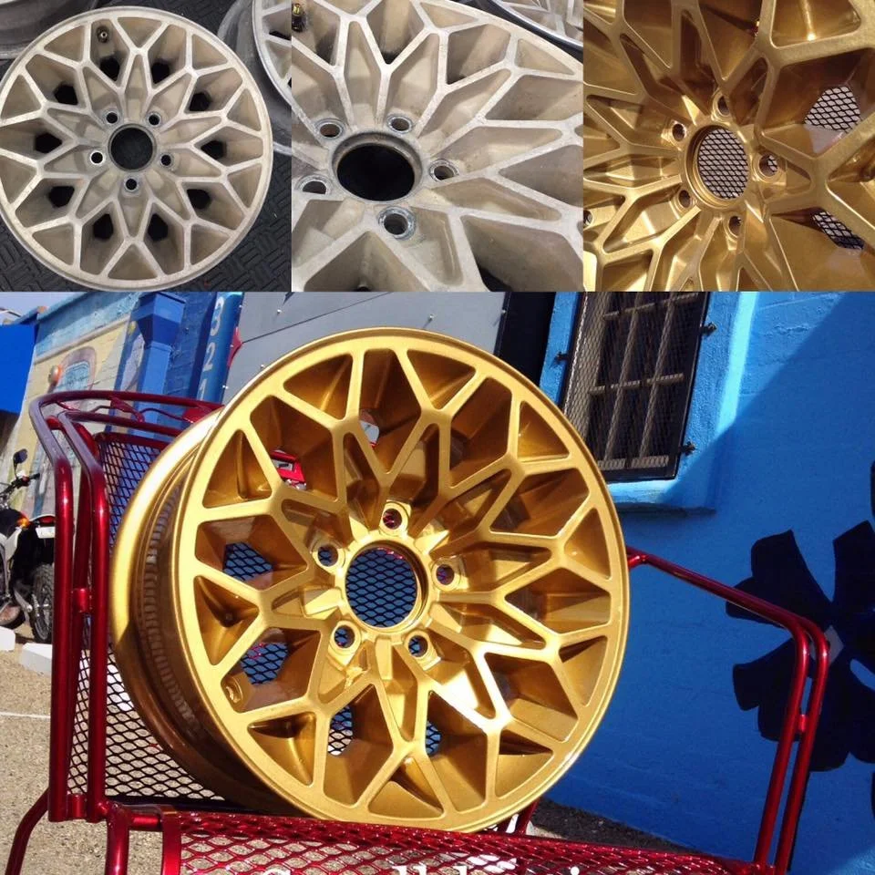 Sequence of images showing gold-colored car wheels in various stages, including unpainted, primer-coated, and fully finished.