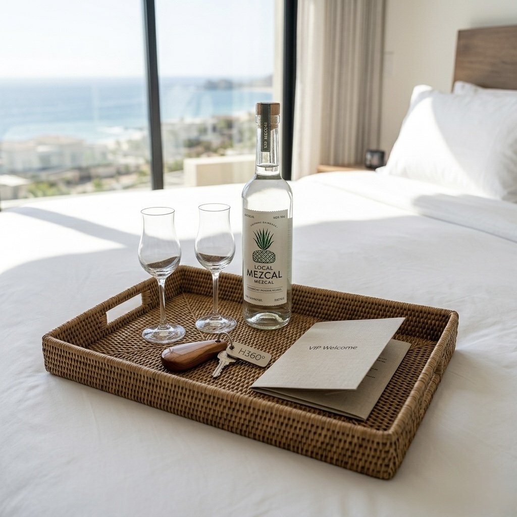 Gestión de rentas vacacionales en Los Cabos por Habitat 360°, mostrando una charola de bienvenida con mezcal  local y copas en una habitacióm