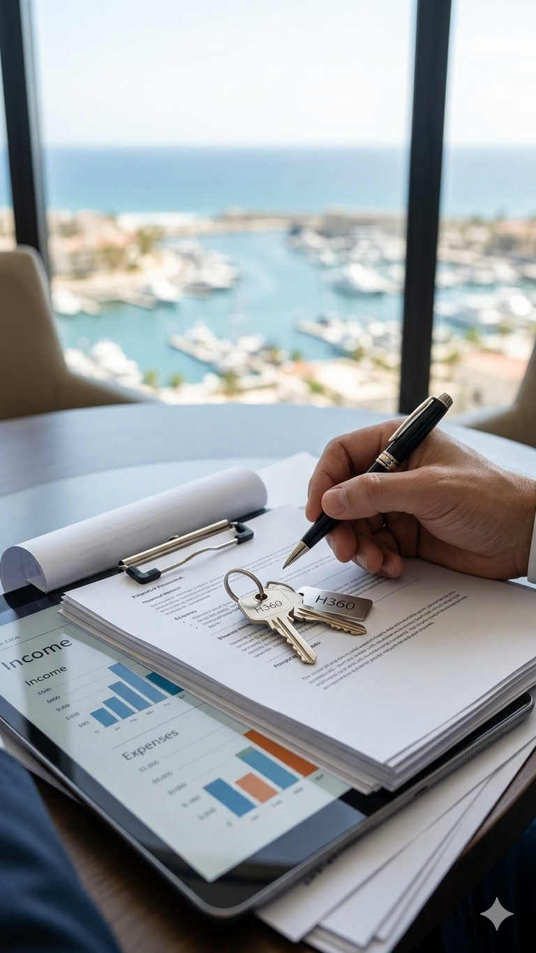 Primer plano de una persona revisando documentos financieros y gráficos sobre un escritorio con llaves y vista al mar