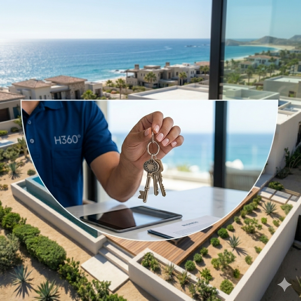 Hombre con camiseta azul relajándose frente a una piscina infinita con vista al mar a través de un ventanal