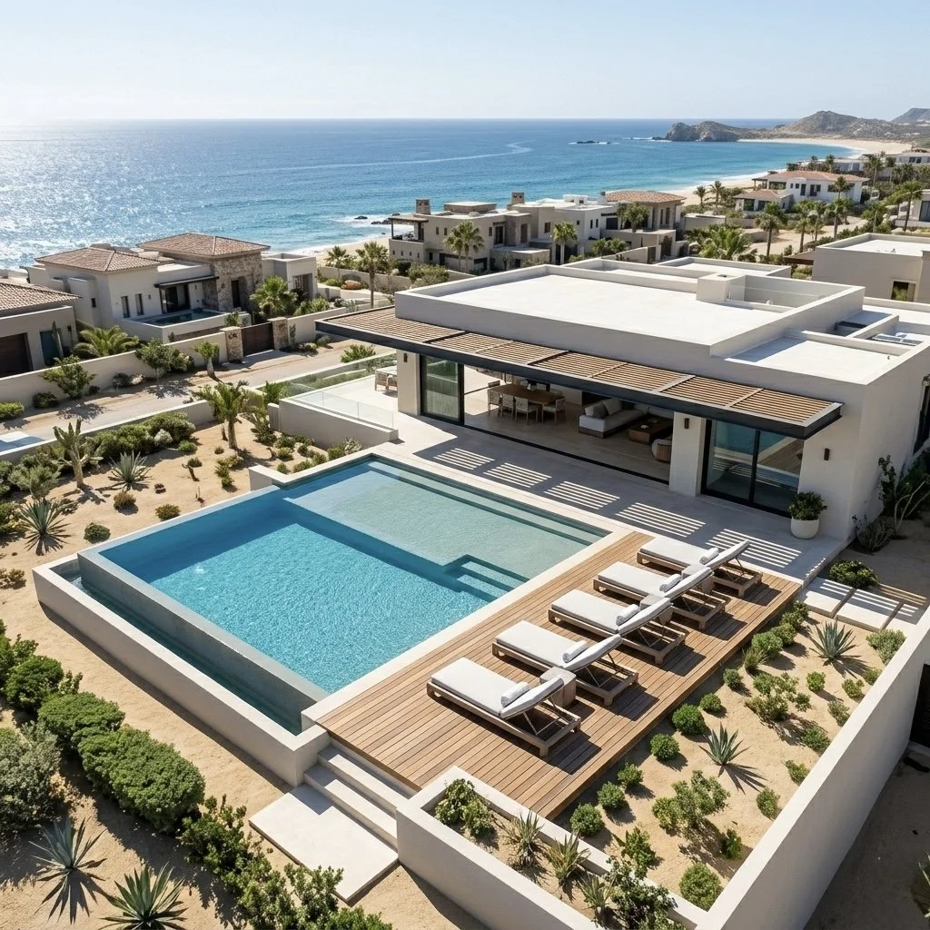Administración integral de villas en Los Cabos pot Habitat 360°, mostrando una propiedad moderna con alberca impecable  y vista al Mar de Cortés.
