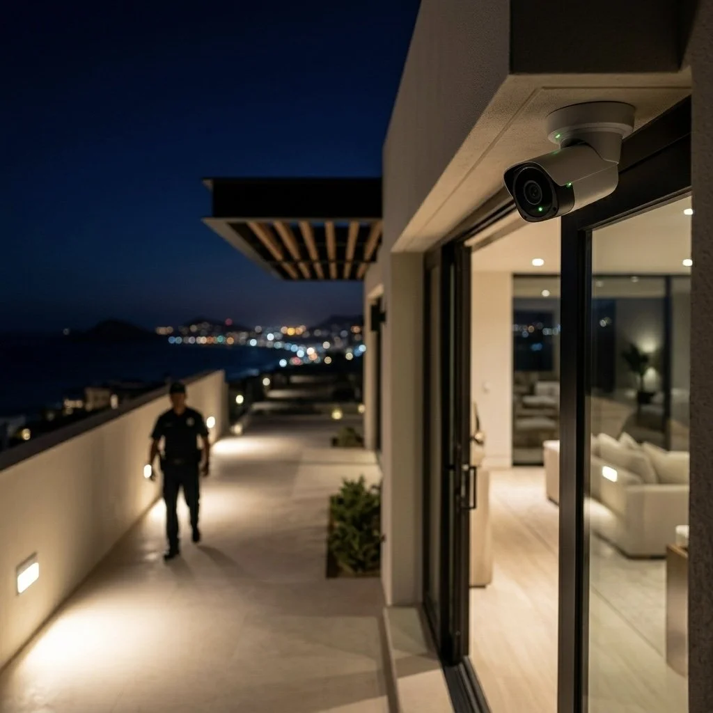 Seguridad y vigilancia de propiedades en Los Cabos por Habitat 360°., mostrando una cámara de seguridad 