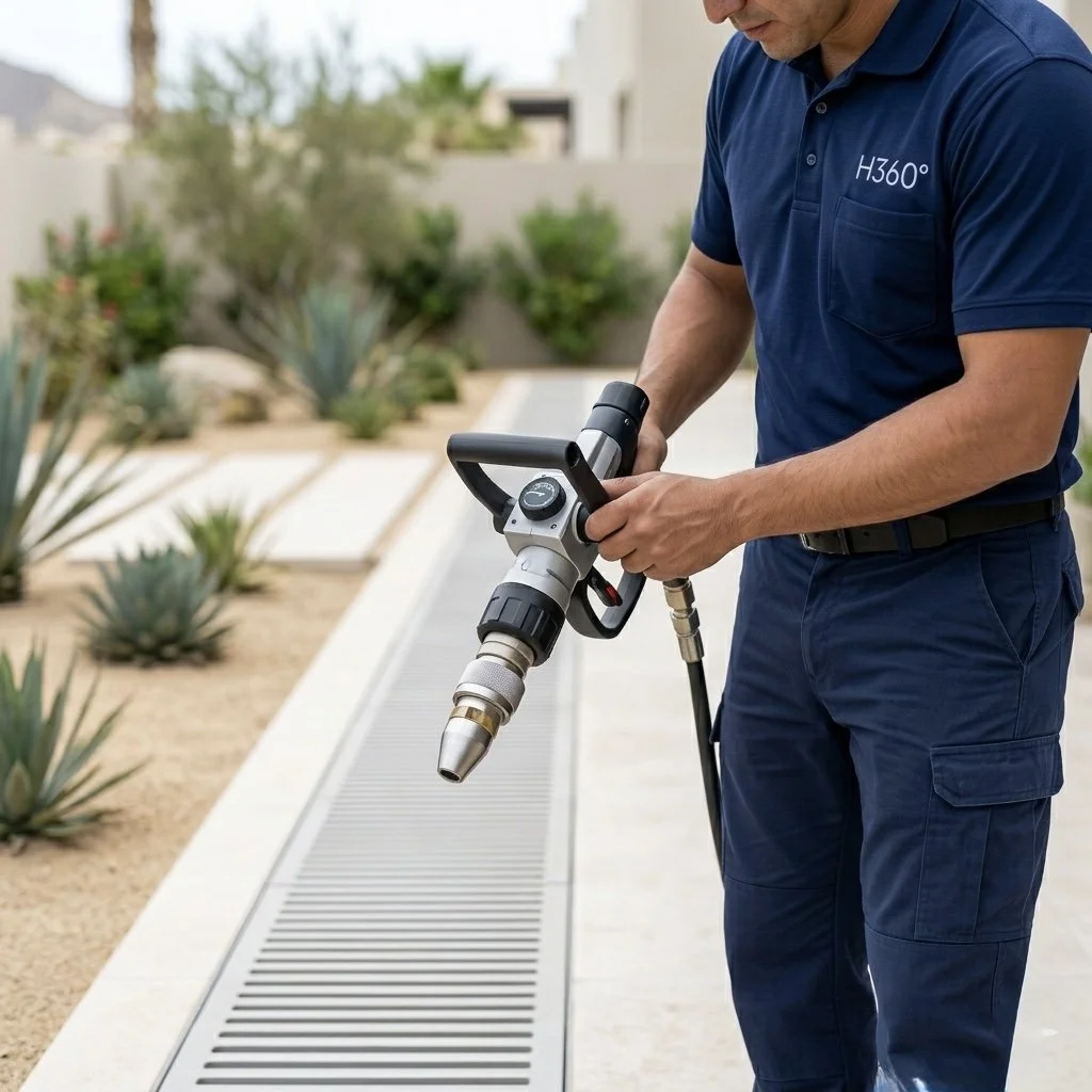Servicio de desazolve y drenaje en Los Cabos por Habitat 360°, mostrando equipo técnico especializado de alta presión 