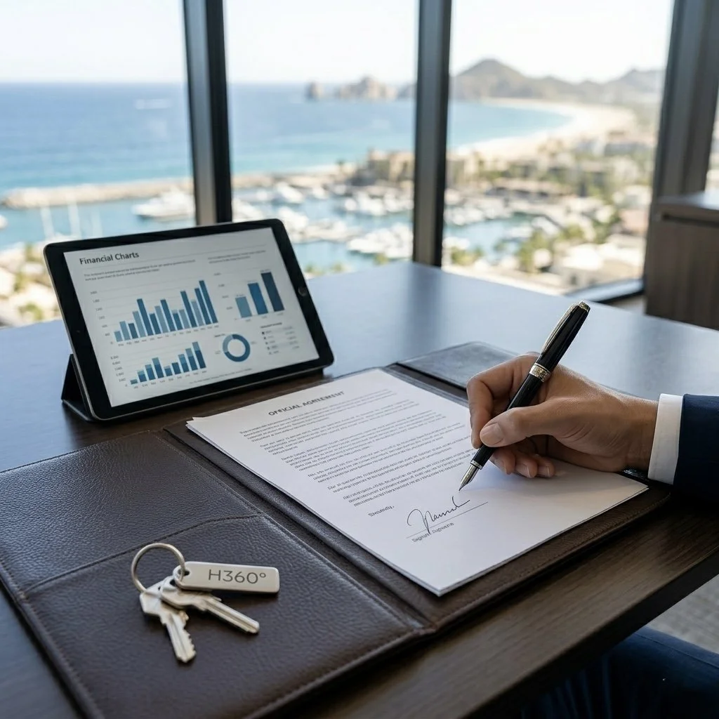 Asesoría legal y contable para propietarios en Los Cabos por Habitat 360°, mostrando una firma contrato 