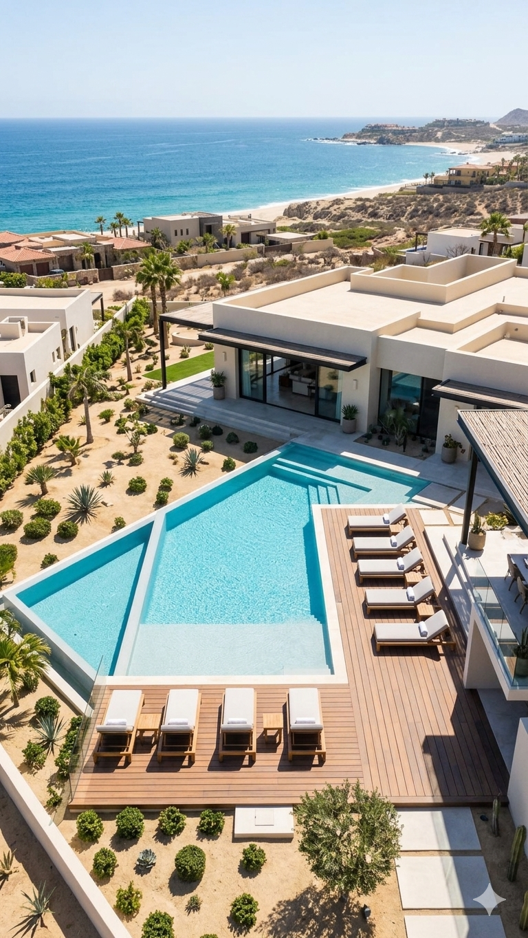 Vista aérea de una villa de lujo con piscina moderna, camastros y jardines frente al mar