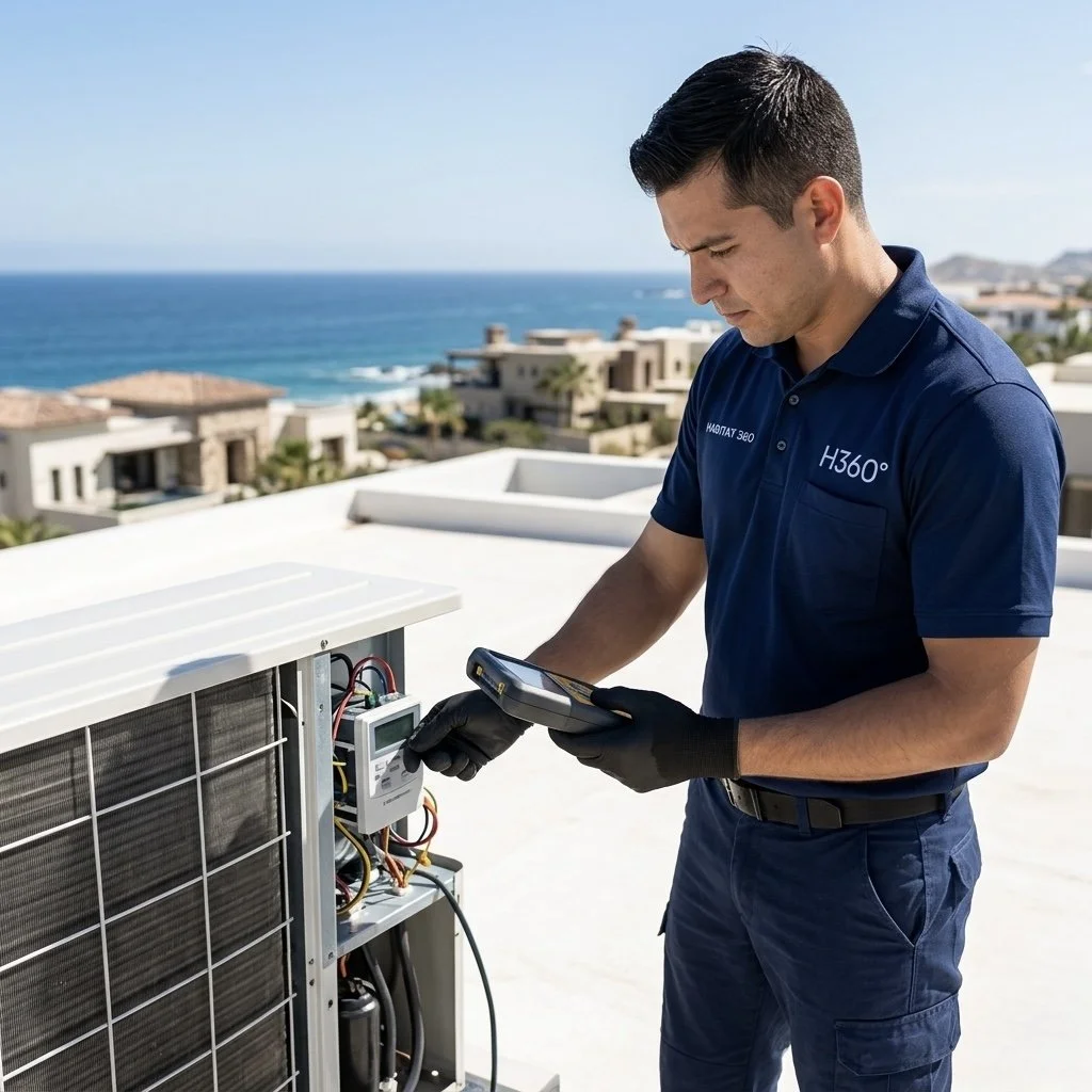 Un técnico revisando un aire acondicionado en la azotea con vista al mar