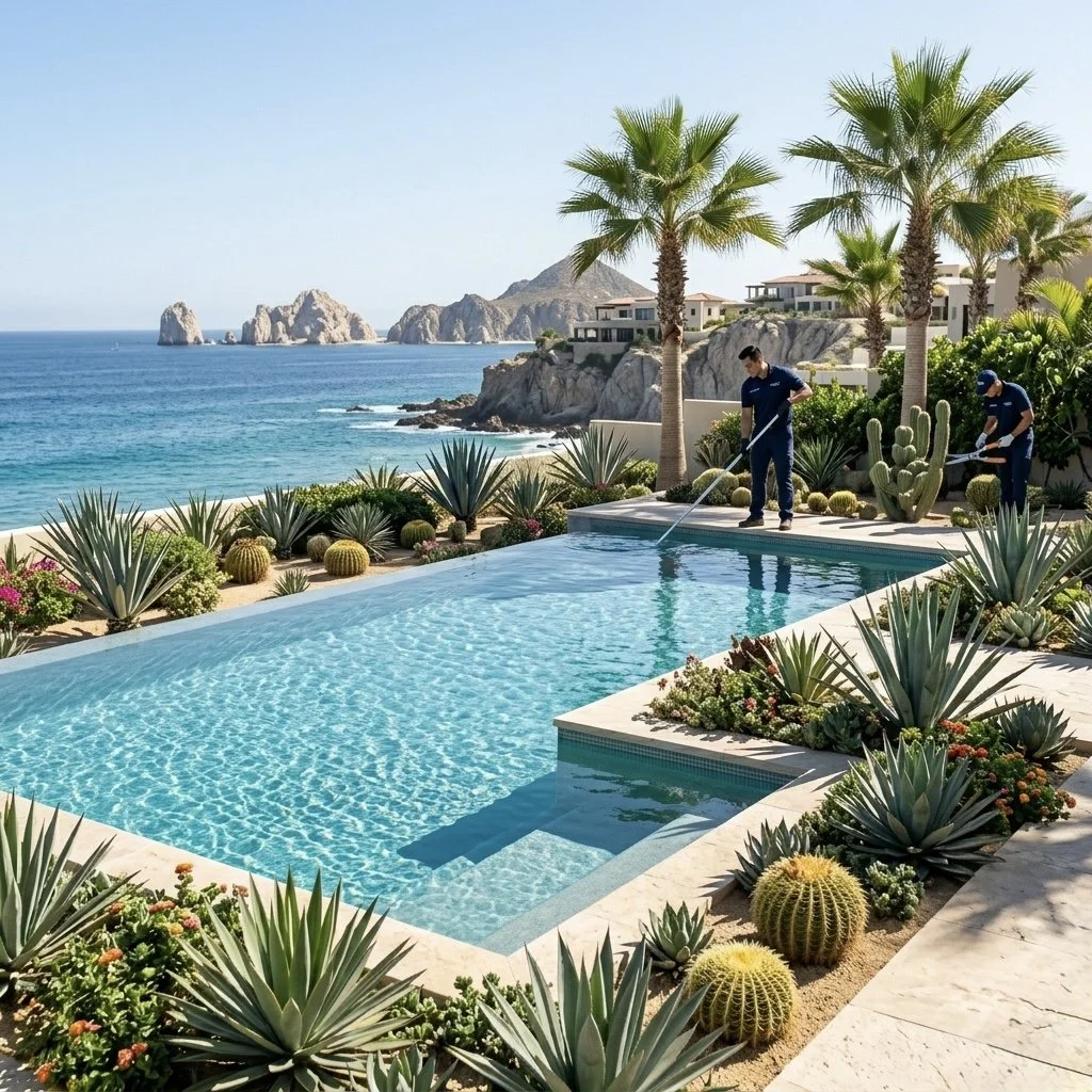 Mantenimiento integral de exteriores en Los Cabos. incluyendo limpieza de albercas y cuidadado de jardines 
